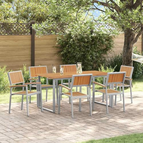 QZZCED Gartenmöbel-Set, 7-teilig, Grau und Braun, aus Akazienholz und Stahl, modernes Gartenmöbel-Set für Terrasse mit Tisch und Stühlen, witterungsbeständig