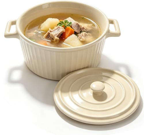 LUPATDY Cazuela de cerámica con tapa, 1,2 l, cuenco de cerámica grande, mini cocotte con asas para lasaña, ramen, hornear, moldes redondos para horno, microondas, color crema