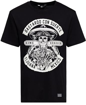 King Kerosin Herren Print T-Shirt Mit Mexican Calavera Artwork Bastardo Con Suerte