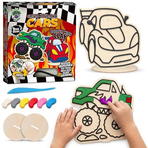 Splat Planet Auto-Knetset für Kinder – 2er-Pack DIY-3D-Knetkunst-Set mit lufttrocknender Knete, sauberes Bemalen, kreatives Bastelset für Kinder, Geschenkidee zum Basteln mit Autos. Maße: 20 x 20 cm