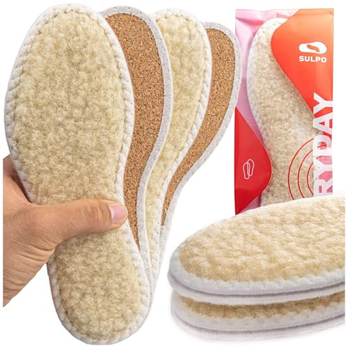 SULPO 2 Paare Lammfell Wolle mit Kork wärmende Einlegesohlen Wintersohle für Schuhe dicke Einlagen gegen kalte Füße thermo Schuheinlagen fuer Arbeitsschuhe Größe 37