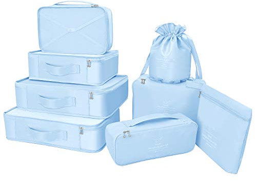 Koffer Organizer Reise Kleidertaschen 8 Sets/7 Farben Travel Gep?ck Organisatoren enthalten wasserdichte Schuh-Aufbewahrungsbeutel Bequeme Kompressions Beutel für Reisen ,Hellblau