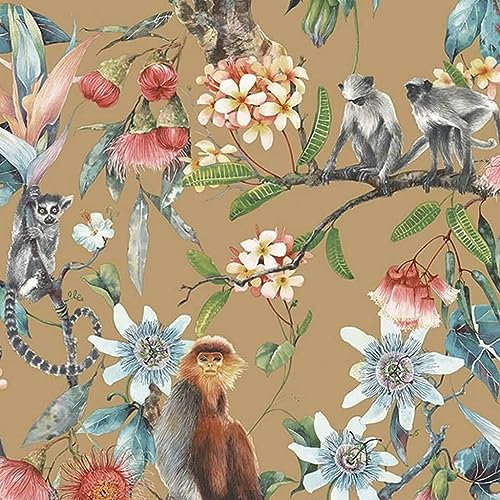 G67958 - Organic Textures Monkeys Lemurs Gold Multicoloured Galerie Wallpaper