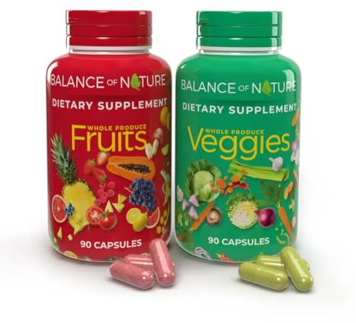 Balance of Nature Fruits & Veggies Supplements - Whole Fruit and Vegetable Ingredients for Women, Men, and Kids - 90 Fruits Capsules, 90 Veggies Capsules - 1 Set