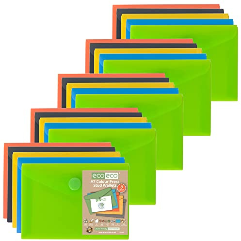 eco-eco A7 50% Recycled Assorted Colours Press Stud Popper Wallet, Plastic Folders (Pack of 25), 105mm x 74mm, eco077x25
