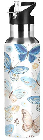 Bouteille d'eau en acier inoxydable avec paille, silhouettes papillons isotherme bouteille d'eau pour enfants adultes 600 ml, Butterfly 051, 600 ml