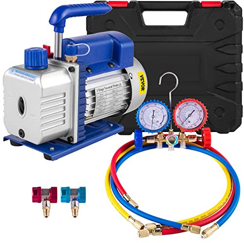 VEVOR 4CFM 1/4HP Pompe à Vide, 114 Lt/Min Pompe à Vide Frigoriste avec Jauge de Collecteur CA/CC, Pompe à Vide Climatisation Pompe à Dépression R12, R22 ou R134a