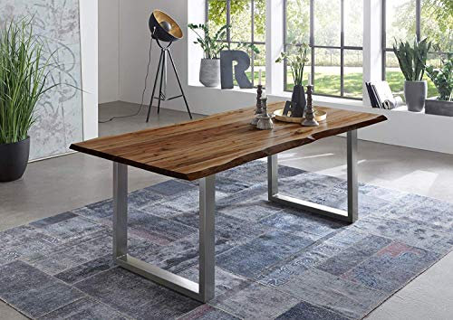junado Baumkantentisch 220x100 cm Indira, nussbaumfarbig, Esszimmertisch aus Akazie, Holz-Tisch mit Silber lackierten Beinen