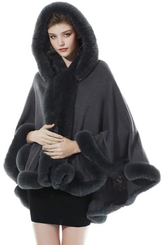 BEAUTELICATE Kunstpelz Stola Umhang Damen Poncho Cape Mit Kapuze Für Winter Hochzeit Abend Braut (Grau mit Pelzkragen,Einheitsgröße)