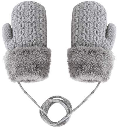 YSXY Süße Fäustlinge Baby Kleinkind Gestrickte Handschuhe für 1 2 3 4 5 6 Jahre Jungen Mädchen Winter Warme Strickhandschuhe mit schnur Fleece-Innenfutter (Grau-Einfarbig)
