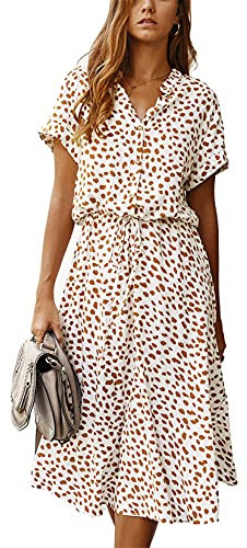 KANDEMY Damen Sommerkleid Blusenkleid mit Knöpfe Polka Dots Standkleid Kurzarm V-Ausschnitt Lose Knielang Midi Freizeit Sommer Kleider für Frauen Weiß L
