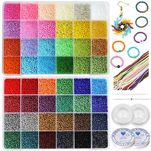 Bala&Fillic Taille 2mm 12/0 Fabrication de Bijoux de Perles de Rocaille, 48 Couleurs 38000pcs Petites Perles de Verre pour la Fabrication de Bracelets Colliers