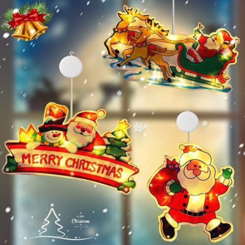 Herefun Weihnachtsbeleuchtung, 3PCS Hängende Innen Fenster Leuchte mit Saugnapf, Weihnachts Lichterketten, Fensterlichterketten Weihnachten, Weihnachtsmann-LED-Weihnachtsdekoration-Lichter Schneemann