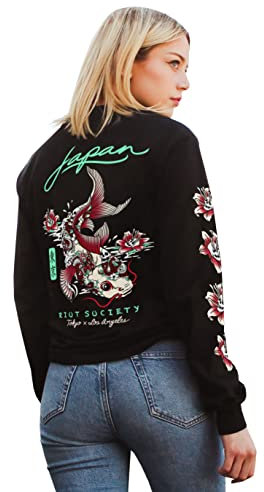 Riot Society Womens Long Sleeve Graphic and Embroidered Fashion T-Shirts and Tees, Japan Koi Tattoo 2.0 (Black), XL
