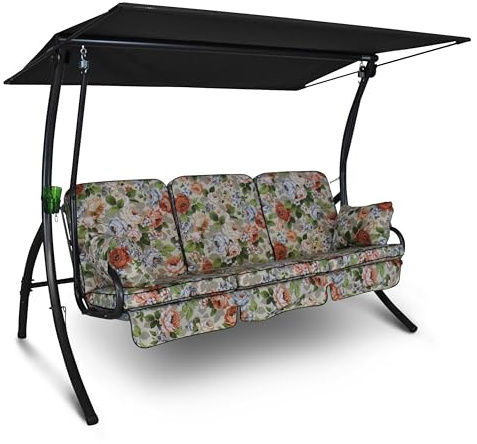ANGERER Hollywoodschaukel Primero beige-bunt geblümt | Gartenschaukel Made in Germany, Schaukel zum Sitzen, Liegen und Entspannen, inklusive Bett-Funktion, einfache Montage