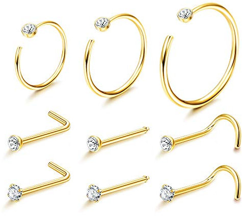 Kakonia 22G 9Pcs Petits Anneaux de Nez Goujons Cristaux d'Autriche Acier Inoxydable en Forme de L Tire-Bouchon Anneaux de Nez Helix Piercings Cerceau Ensemble de Bijoux de Corps Or