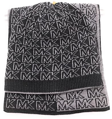 Michael Kors Schal/Mütze SET I Winterschal I Beanie I Wollschal I Wintermütze ist Reversible/Wendbar I One Size I Weiche Flauschige Acrylwolle I Logo I Geschenkband (Grau-Schwarz)