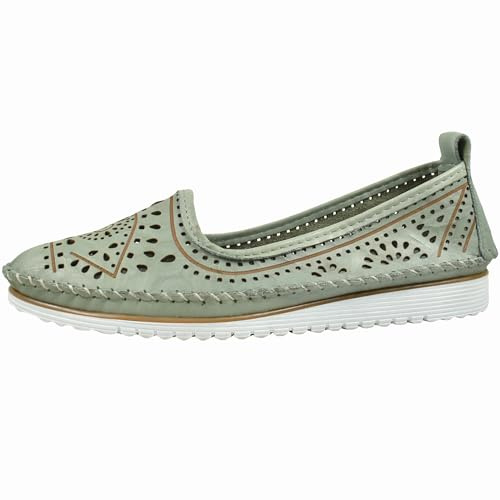 Andrea Conti Damen Slipper Leder Florale Cutouts Keilabsatz mit Streifen 0021712, Größe:38 EU, Farbe:Grün