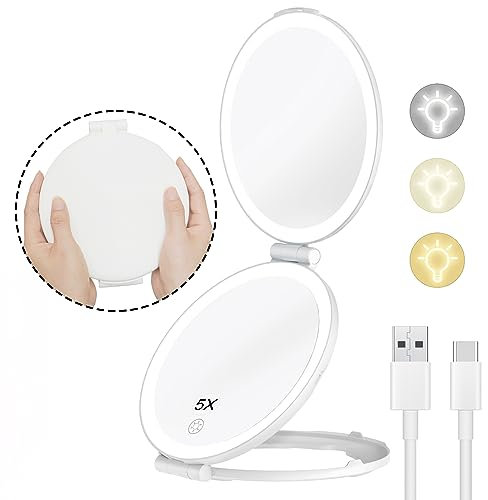 FUNTOUCH Wiederaufladbarer Schminkspiegel mit Beleuchtung, Reisespiegel mit 1X / 5X Vergrößerung, 3 Farbige Beleuchtung Kosmetikspiegel, Dimmbarer Touchscreen, Faltbarer Tragbarer Make up Spiegel
