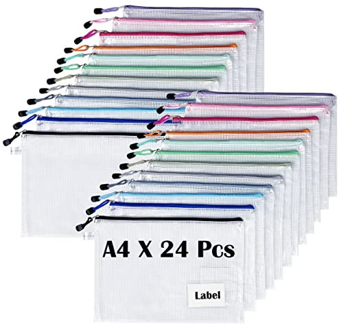 TRANBO 24 Stücke Reißverschlusstaschen A4, Wasserdichte Mesh-Taschen Dokumententasche, Zipper Tasche zur Aufbewahrung von Ordnern, Schreibwaren,Geeignet für Schule, Büro, Reisen