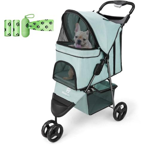 AESRAOU Haustier-Kinderwagen faltbar für Katzen und Hunde, Aufbewahrungskorb und Getränkehalter, 3 Räder für Kleine oder Mittelgroße Haustiere, Welpen (Blaugrün)
