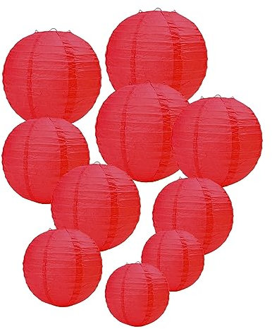 Meisax 10 Stücke Lampions 20cm Rund Papier Lampenschirm Rot Papierlaterne Classic Bamboo Style Papierlampion für Hochzeitsdeko Geburtstag Garten