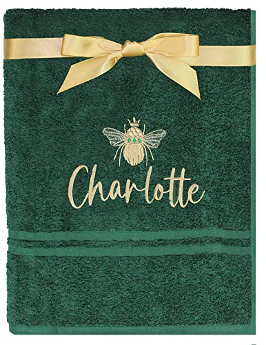 TeddyT's Personalised Gold Bee Embroidered Towel (Bath Towel, Bottle Green)