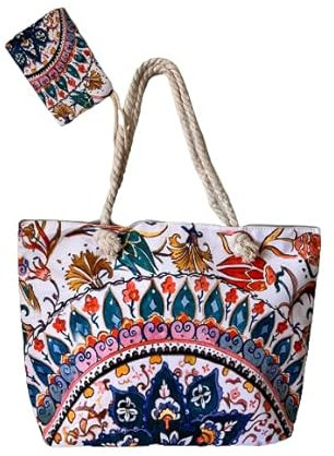 Bolso Grande Playa Piscina Mujer Hombre – Diseño Mandala Floral Bohemio con Bolsita Extra – Asas Hombro, Amplio y Resistente, 40x60x15 cm