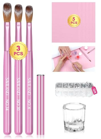 Saviland Acrylic Nail Brush Kit: Rose Gold Acrylic Brushes Size 6/10/14 3A+ Nail Art Brushes for Acrylic Powder & Monomer Nail Rhinestones Dappen Dish Nail Art Table Mat Acrylic Nail Beginners Gift