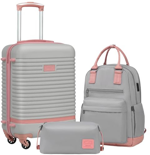 COOLIFE Suitcase Set, 3 Piece Luggage Sets with Travel Backpack and Toiletry Bag for Short Travel, TSA Lock 360° Spinner Wheels (Pink/Grey, 20 Inch Luggage Set)