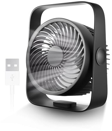 KONSIDEN Ventilador de escritorio, ventilador silencioso de oficina de 8 pulgadas, 4 velocidades de viento, rotación de 360°, ventilador USB pequeño recargable, tiempo de funcionamiento máximo de 16