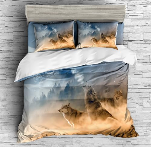 DEZEE Loup Animal Sauvage Parure De Lit Loup Sauvage Animaux forêt Ciel étoilé Planète Housse De Couette (Choix 4 PCS) pour Lit 135/140/200/220 (01,King-4 PCS-220 * 230cm)