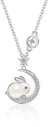 IMINI Rabbit Moon Pendant Necklace for Women Girls Cubic Zirconia Artificial Jade Bunny Animal Adjustable Choker Chain Necklaces Delicate Cute Easter Birthday Holiday Jewelry Gift 18 inch