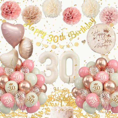 30 Anni Decorazioni Donna, 52PCS Rose Oro Palloncini 30 Anni Compleanno, Compleanno 30 anni Addobbi Happy Birthday Striscione Palloncino con 30 numeri Coriandoli Ragazza Decorazioni Festa