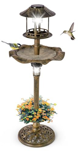 COSTWAY Bain d'oiseaux Énergie Solaire, Décoration d'Extérieur sur Pied Rétro Éclairé avec 2 Lampes Jardinière de Fleurs Mangeoire, Abreuvoir pour Oiseaux Léger pour Jardin (Bronze)
