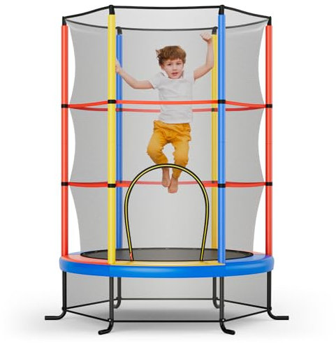 GOPLUS Trampoline Exterieur Enfant Ø165cm, Cadre en Acier, Trampoline pour Enfants avec Filet de Sécurité Hauteur 150cm, Charge Dynamique 45KG et Statique 136KG, pour Enfants 3+ Ans, Coloré