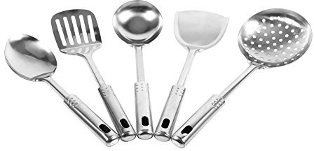 Juego De Utensilios De Cocina Acero Inoxidable 5 Piezas Cuchara Cucharón Colador Pala Plancha Espátula Set Completo Multiusos Para Cocina