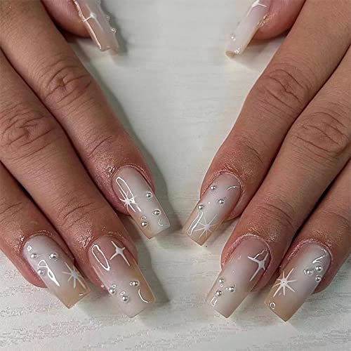 JUSTOTRY 24 Pcs Press on Nails Coffin Long with Pearls and Stars Designs,White French False Nails,Nude Ballerina Stick on Nails for Women and Teens,Medium Fake Nails for Nails Art
