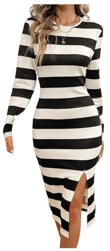 GORGLITTER Damen Getreift Kleid Midikleid Langarmkleid Herbstkleid Bleistift Freizeitkleid mit Schlitz Schwarz L