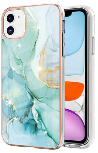 JYNCHDZ for iPhone 11 Case Shockproof iPhone 11 Phone Case Glitter Marble Flexible Silicone Bumper Slim Thin Electroplated Gold Edges Shell Drop Protection Cover for Girls Women, Green