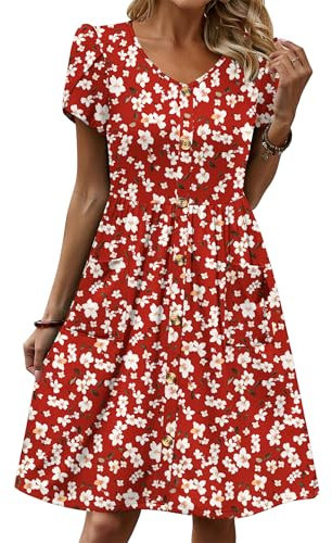 Zeagoo Damen Kleider Elegant V-Ausschnitt Blumen Shirtkleid Kurzarm Casual Strandkleider A-Linie Kurzes Tunika Minikleid mit Taschen Rot Floral M