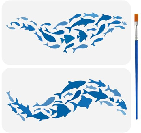 FINGERINSPIRE 2 Stück Fisch Malvorlage Mit Pinsel 15x30cm Fisch Silhouetten Malvorlage Malschablone Mit Meerestier Motiv Verschiedene Fisch Malschablonen Wiederverwendbar Zum Selbermachen Handwerk