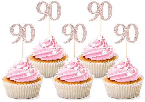 Sotpot 30PCS 90th Birthday Cupcake Toppers Rose Gold Glitter 90th Cupcake Picks for Happy 90th Birthday Party Decorations