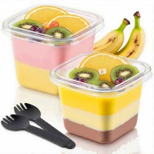 Tazones de Postre, Vasos de Postre con Cucharas, Vasos de Aperitivo para Tiramisú, Pudín, Mousse, 360 ml, 50 Piezas con Tapa, Vasos Cuadrados, Reutilizables.