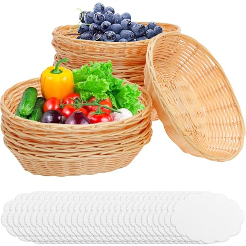 BAODBF Lot de 12 corbeilles à pain en plastique tissé avec feuilles blotting - Articles de cuisine réfléchis pour la maison, le comté, les restaurants, les cafés, les bars, les cafés