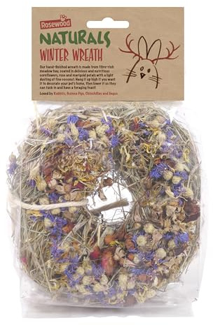 Rosewood Naturals Winter Wreath for Small Animals – Made with Natural Meadow Hay, Coated in Edible Flowers, Hanging Treat and Christmas Decoration for Rabbits, Guinea Pigs, Chinchillas and Degus