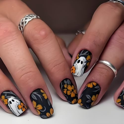24Pcs Press on Nails Short False Nails - Halloween Ghost & Orange Flower Design Gothic Black Acrylic Stick on with Adhesive Tools for Women
