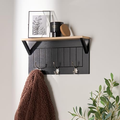 OHS Wall-Mounted Coat Rack, Coat Hooks with Shelf and 3 Hooks Wooden Floating Shelves Display Shelf Key Holder Clothes Rail for Entryway Bedroom Bathroom, Dark/Wood