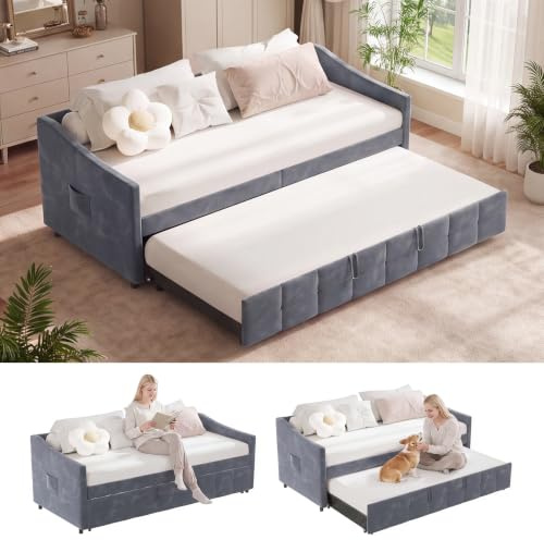 Polsterbett Schlafsofa 90/180x200 cm,Schlafsofa mit Lattenrost Tagesbett Ausziehbar Schlafcouch 2 Personen Doppelbettsofa Sofa mit Schlaffunktion Multifunktionales Sofabett ,ohne Matratze (Grau-B)