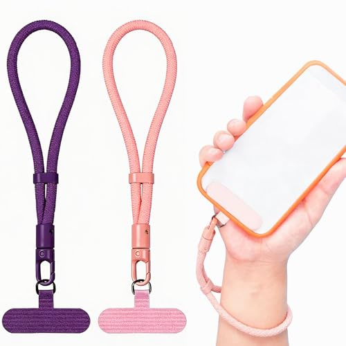 Satiskid 2 Pcs Phone Strap Wrist with Patches, Anti Theft Phone Lanyard with Fabric Clip, Pink and Purple Phone Lanyards Adjustable Safety Wrist Strap for iPhone and Most Mobile Phone